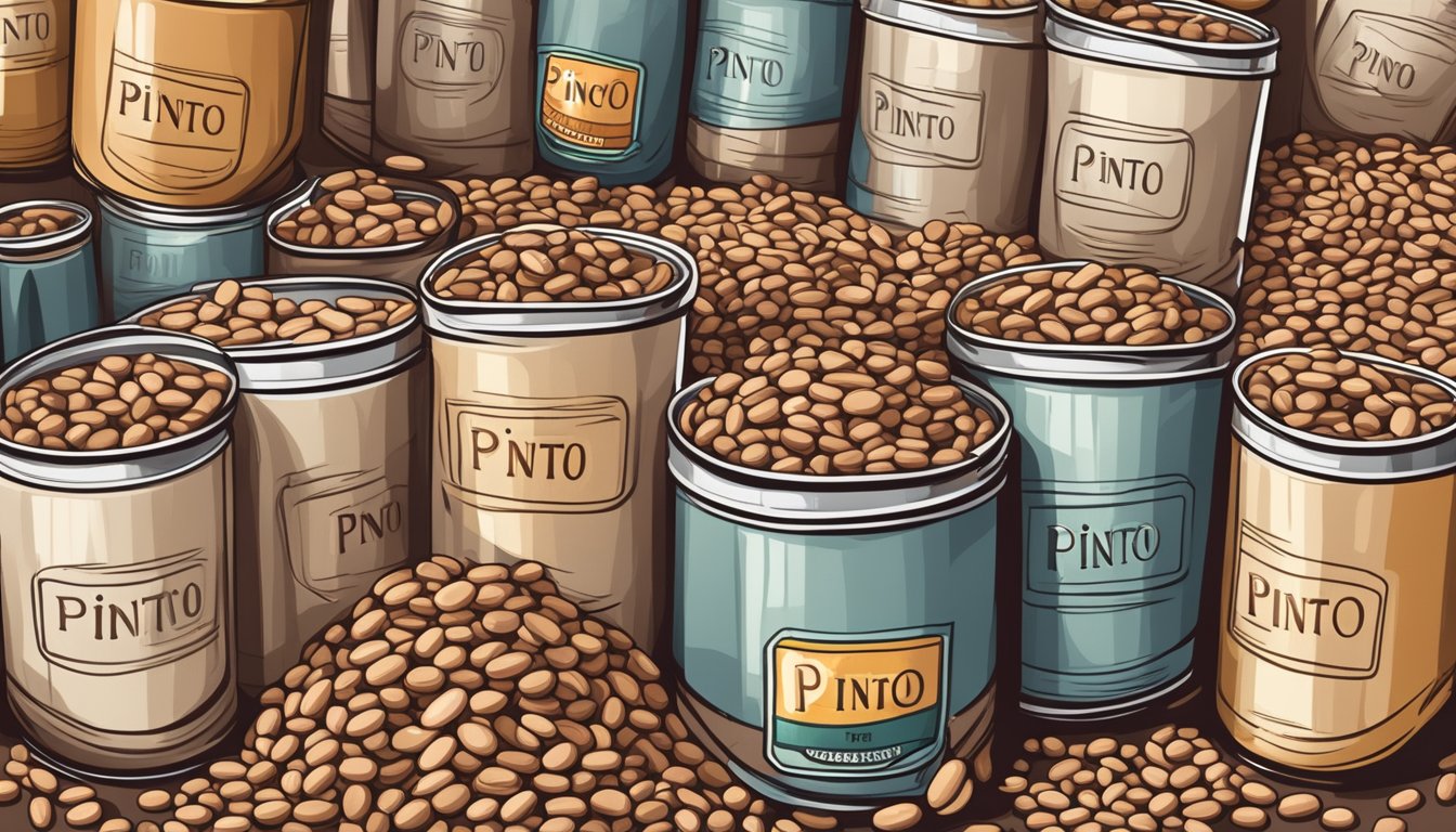 A pile of dried pinto beans spills out of a torn sack next to a neatly stacked row of labeled cans of pinto beans