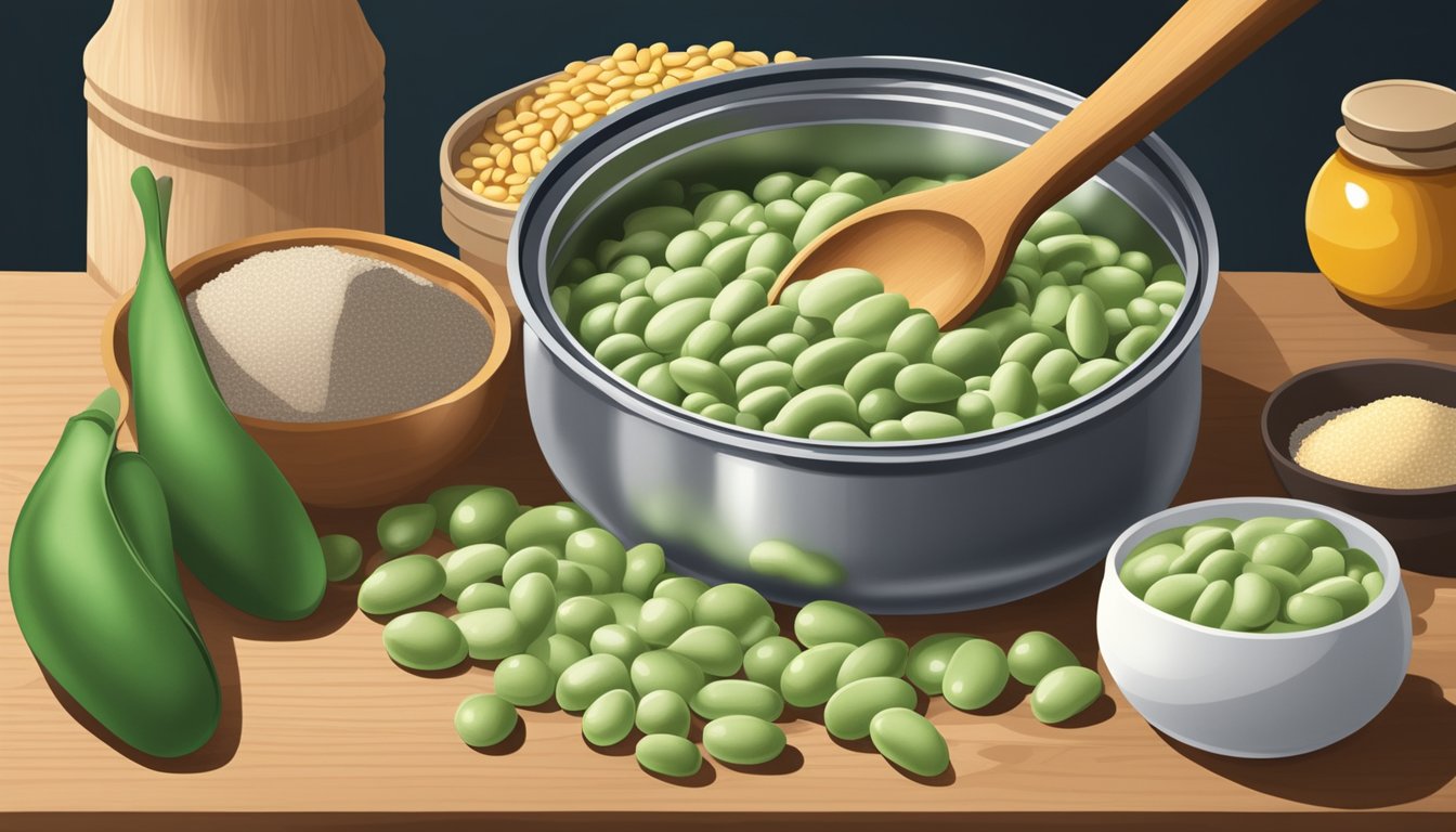 A can of lima beans, open with beans spilling out, surrounded by a pot, wooden spoon, and various cooking ingredients on a kitchen counter