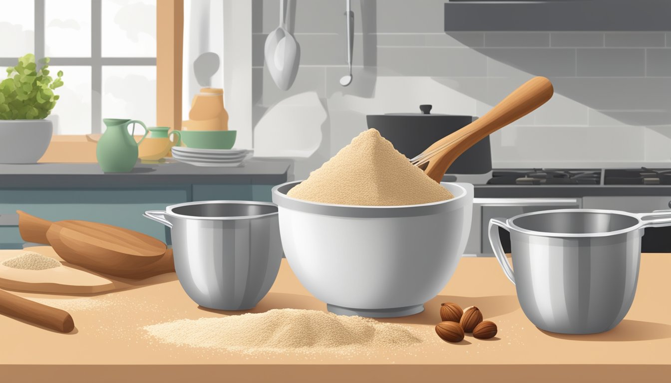 A pound of hazelnut flour pouring into a measuring spoon, surrounded by baking essentials like a mixing bowl, whisk, and oven mitt