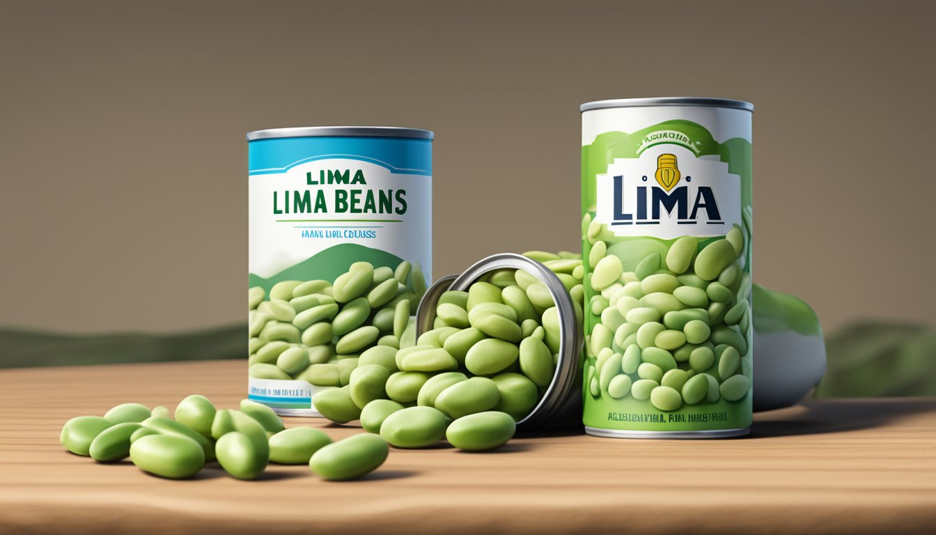 A can of lima beans sits next to a pile of dry lima beans. The label on the can indicates the number of ounces inside