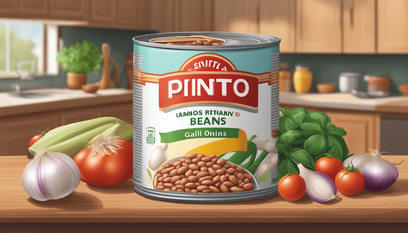 A can of pinto beans with a pull-tab lid, surrounded by various cooking ingredients like onions, garlic, and tomatoes on a kitchen counter