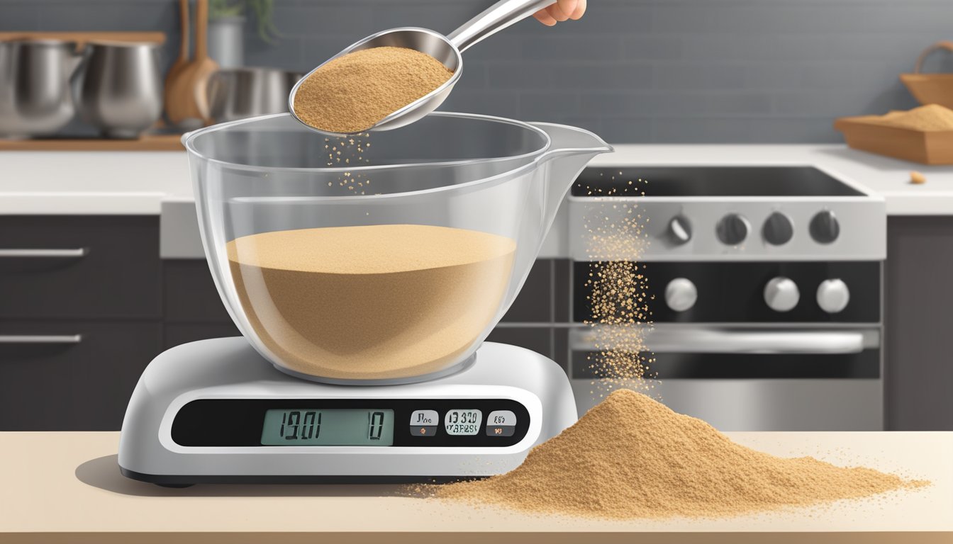 A pound of hazelnut flour spills from a measuring cup onto a kitchen scale, showing 32 tablespoons