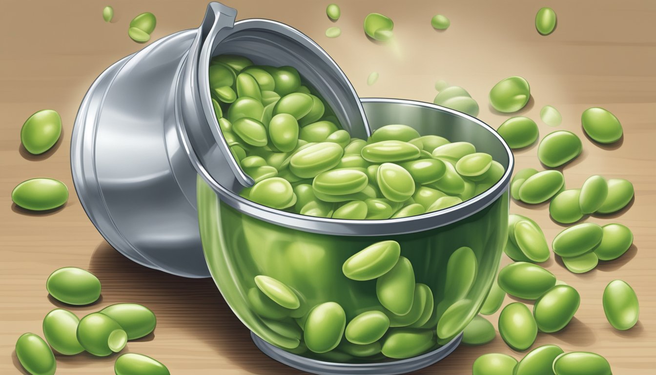 A can of lima beans pouring into a measuring cup, showing 15 ounces