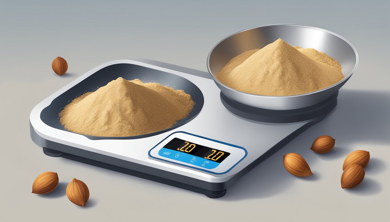 A scale with a pile of hazelnut flour being measured into tablespoons