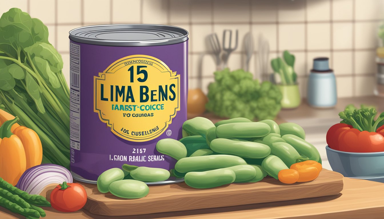 A can of lima beans sits on a kitchen counter, surrounded by colorful vegetables and cooking utensils. The label on the can reads "15 ounces."