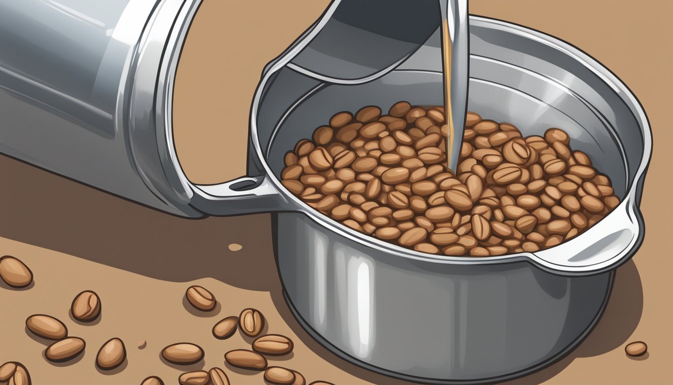 A can of pinto beans pouring out its contents into a measuring cup, showing the ounces