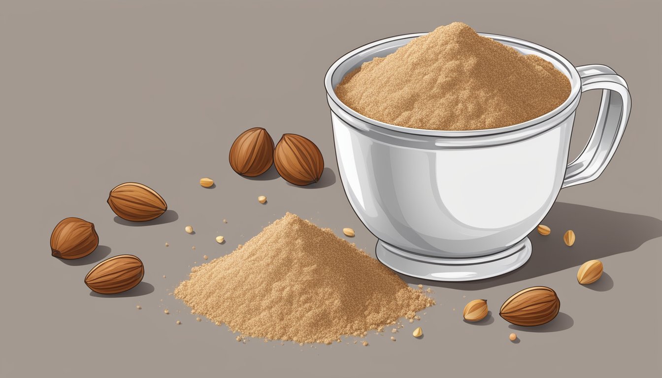 A measuring cup filled with hazelnut flour, surrounded by scattered tablespoons