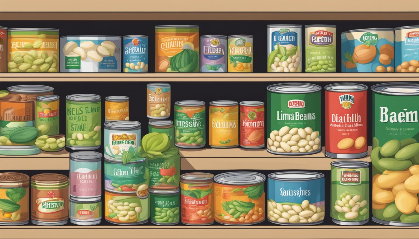 A can of lima beans sits on a pantry shelf, surrounded by other canned goods