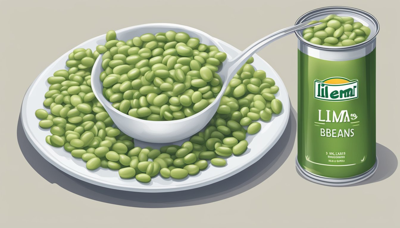 A can of lima beans, opened and pouring out its contents onto a plate, with a measuring cup next to it showing the number of ounces