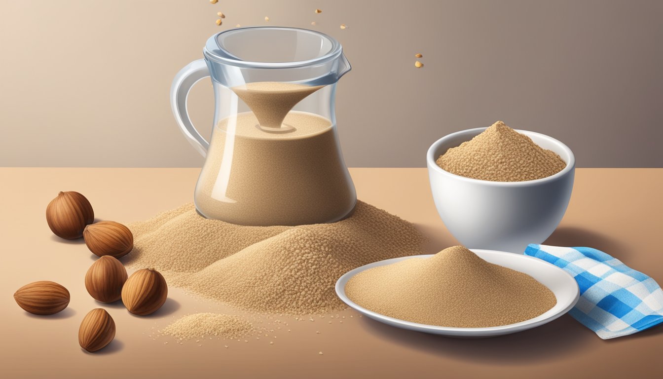 A pound of hazelnut flour pouring into a glass measuring cup, with a pile of tablespoons next to it