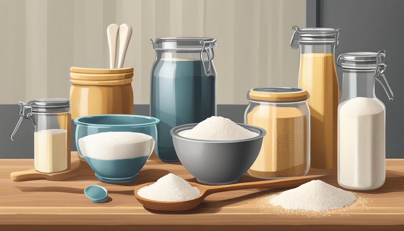 A set of measuring cups and spoons arranged neatly on a clean, wooden countertop next to a flour-filled bowl and a jar of yeast