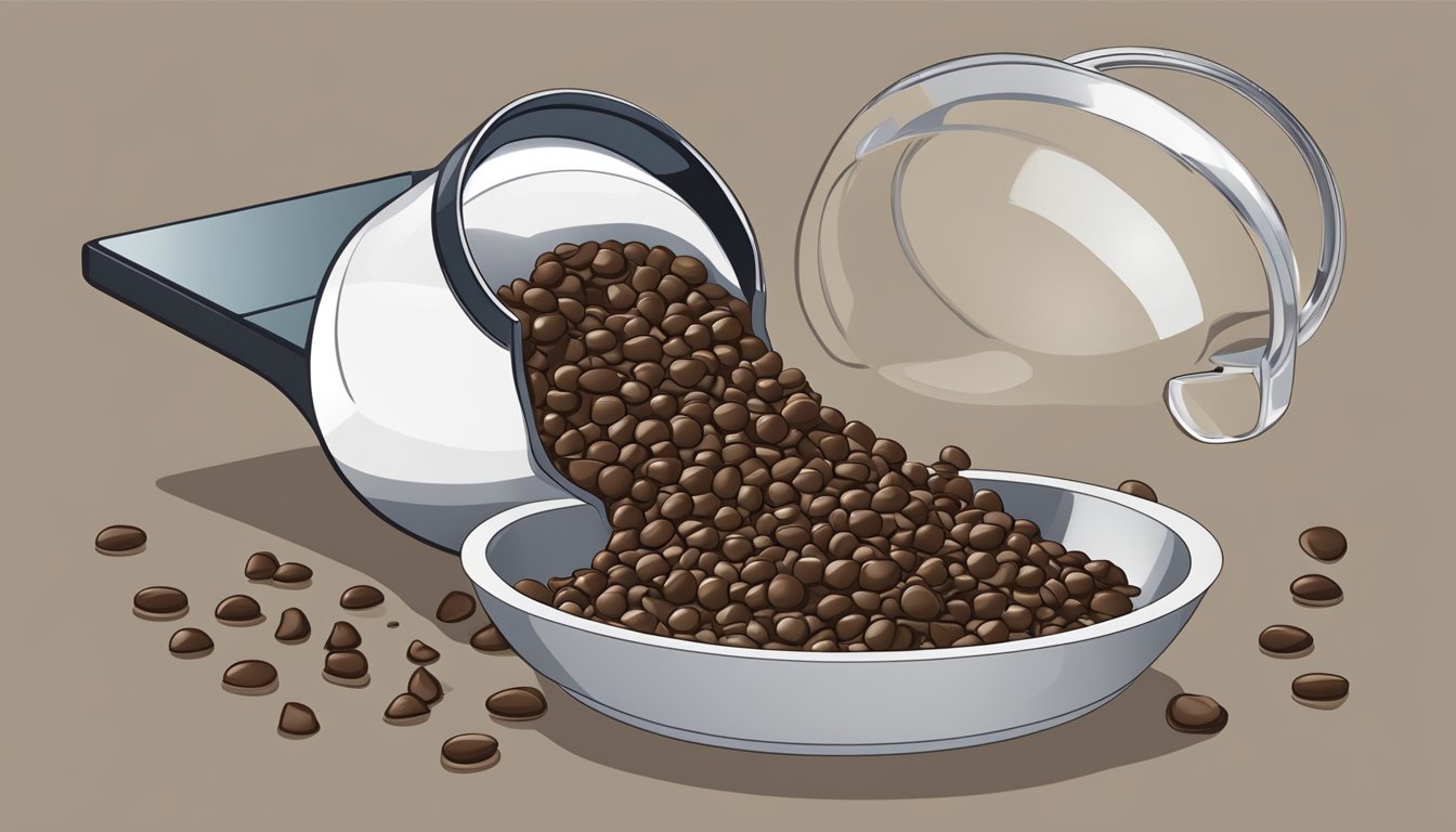 A mound of chocolate chips spills from a measuring cup onto a scale, registering one pound