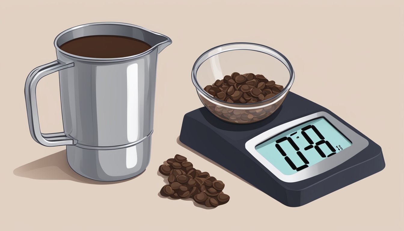 A measuring cup filled with chocolate chips, next to a scale showing one pound