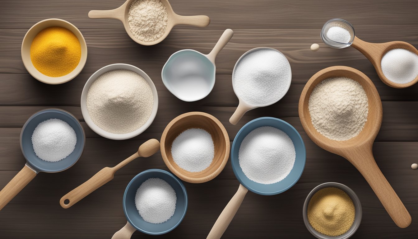 A set of measuring cups and spoons arranged neatly on a wooden countertop, surrounded by bowls of flour, yeast, and water