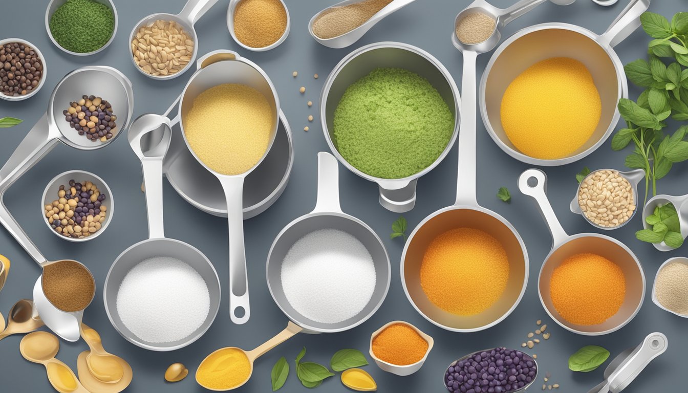 A set of measuring cups and spoons arranged neatly on a kitchen countertop, with various ingredients in milliliter units scattered around them