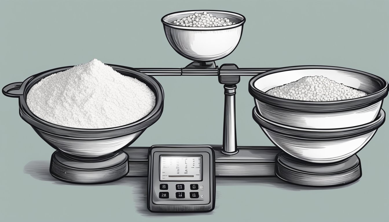 A kitchen scale with flour, yeast, and salt in separate bowls, ready to be measured for bread