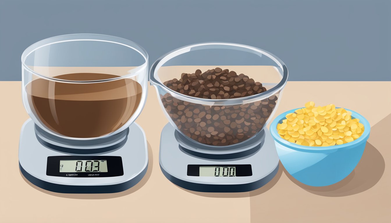 A clear measuring cup filled with chocolate chips, next to a digital scale displaying the weight in pounds