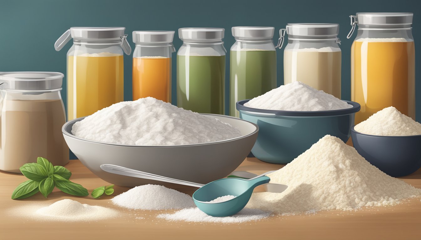 A set of measuring cups and spoons arranged neatly next to various ingredients like flour, salt, and yeast on a clean, well-lit kitchen counter