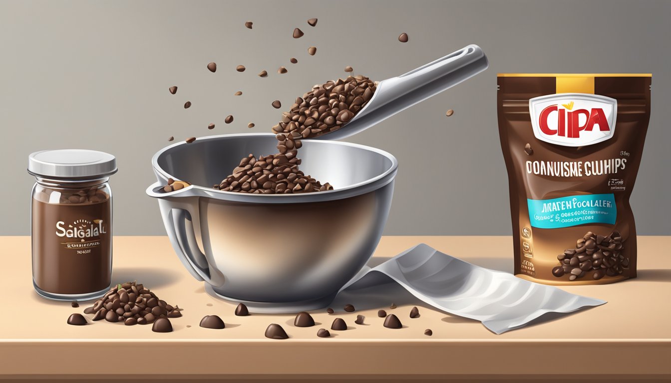 A measuring cup filled with chocolate chips spilling out of a bag onto a kitchen counter