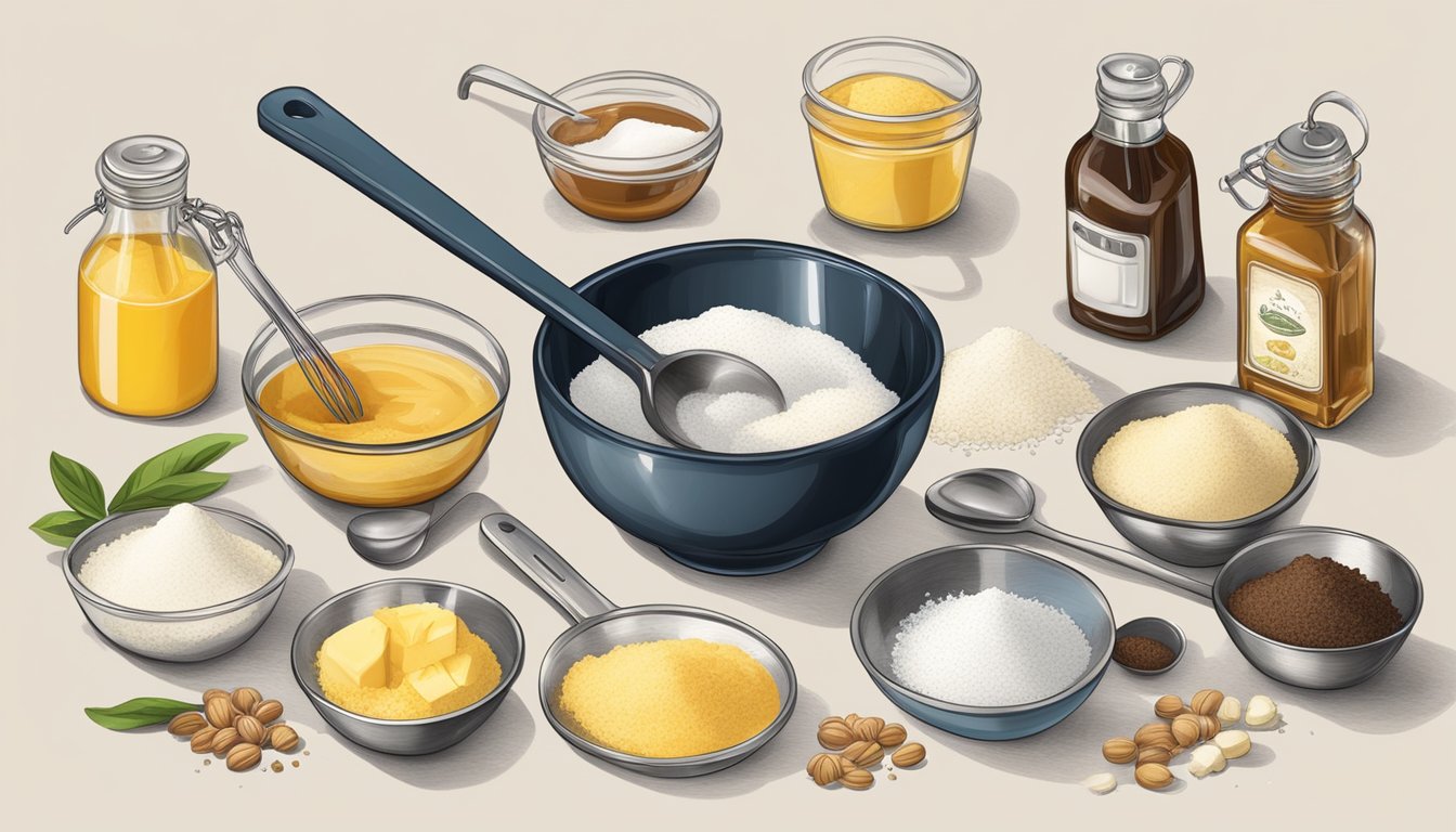 A table with measuring cups and spoons, surrounded by various ingredients such as sugar, butter, and vanilla extract. A mixing bowl and whisk are also present