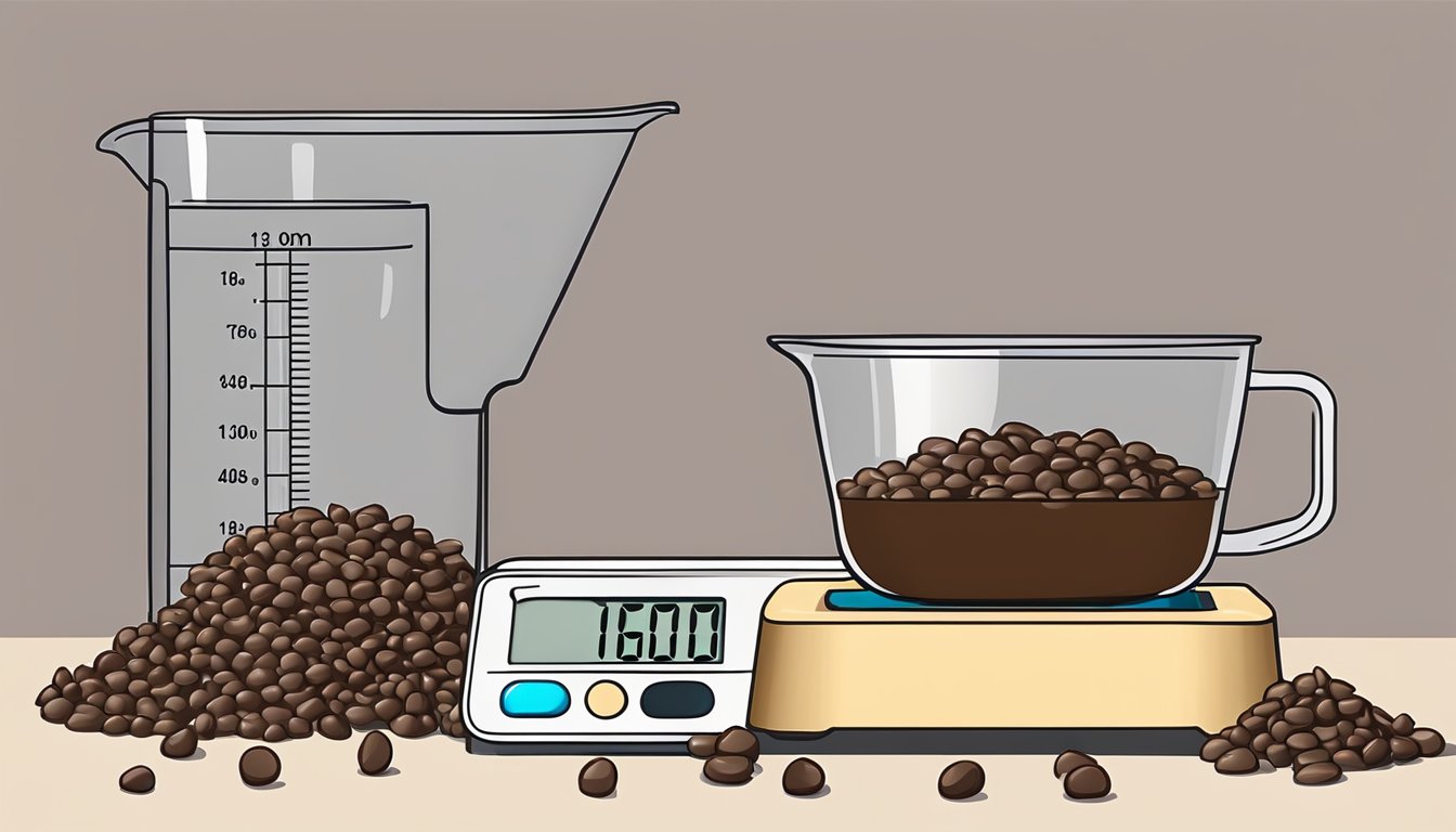 A measuring cup filled with chocolate chips next to a scale displaying one pound