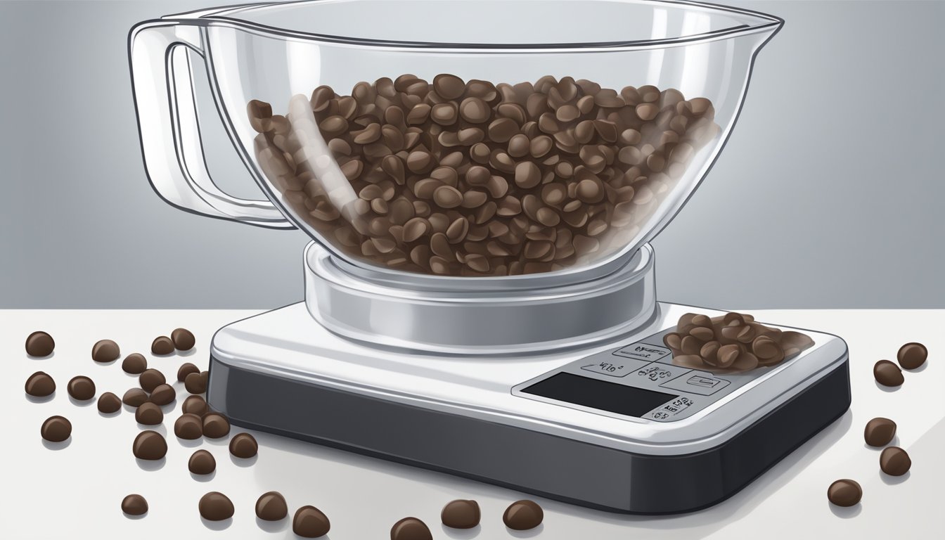 A clear measuring cup filled with one pound of chocolate chips on a white kitchen scale