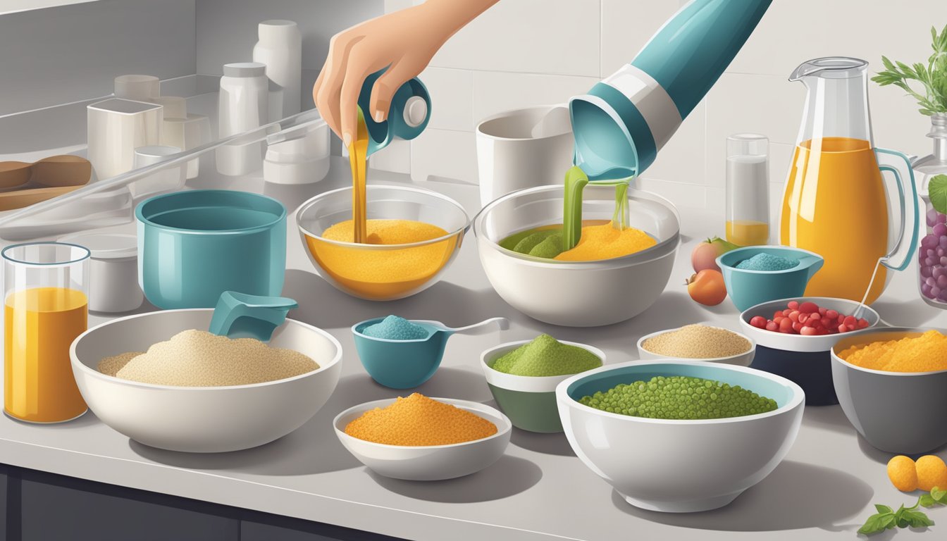 A hand pouring and mixing various ingredients in bowls and measuring cups on a kitchen counter