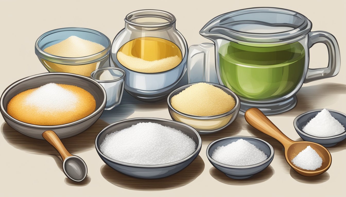 A table with various measuring cups and spoons, alongside bowls of sugar, flour, and liquids, ready to be used in a homemade glaze recipe