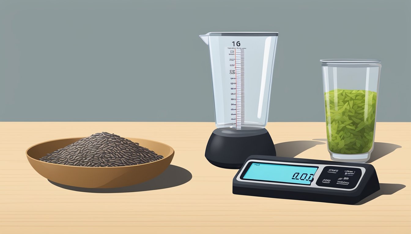 A measuring cup filled with wild rice, next to a digital scale displaying one pound