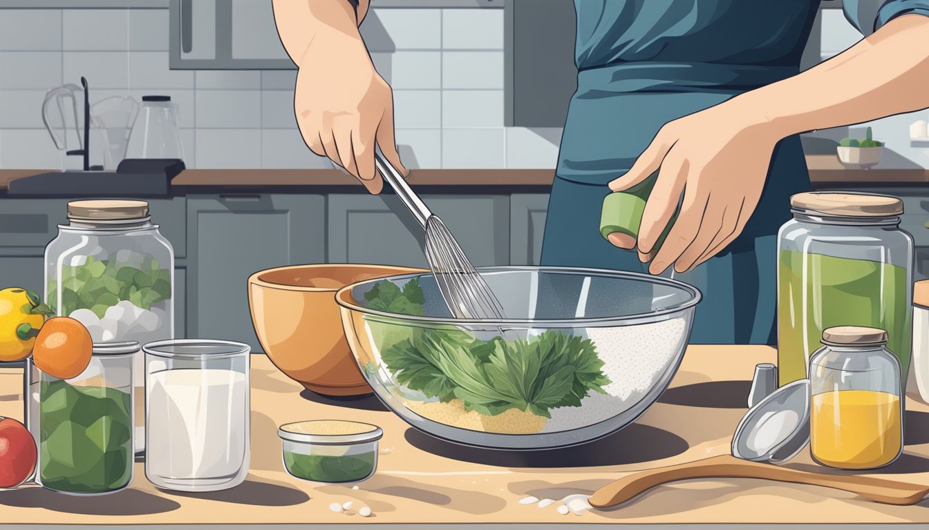 A hand pouring measured ingredients into a mixing bowl with various containers and utensils scattered around on a clean kitchen counter