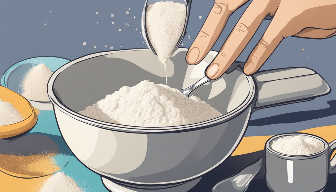 A hand holding a measuring cup pours sugar over a bowl of flour with a spoon beside it