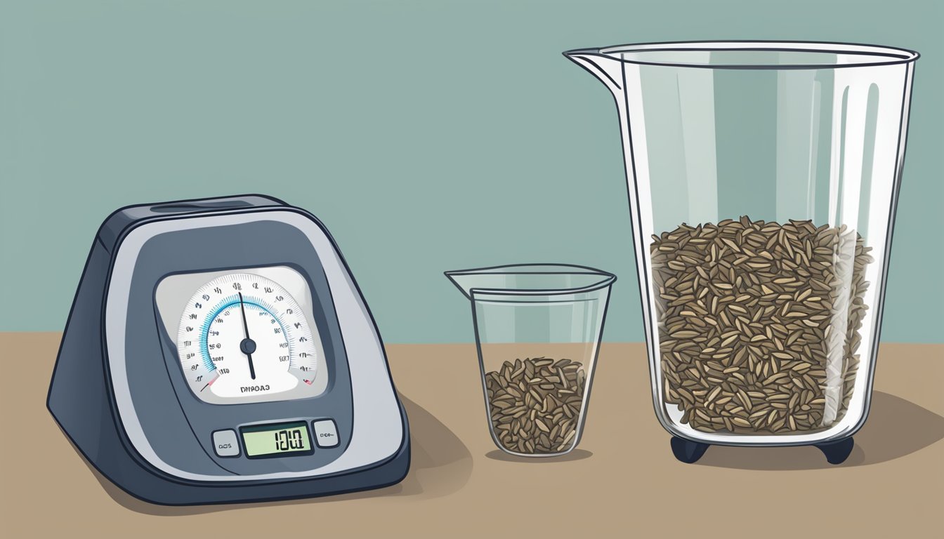 A measuring cup filled with wild rice, next to a digital scale displaying the weight in pounds