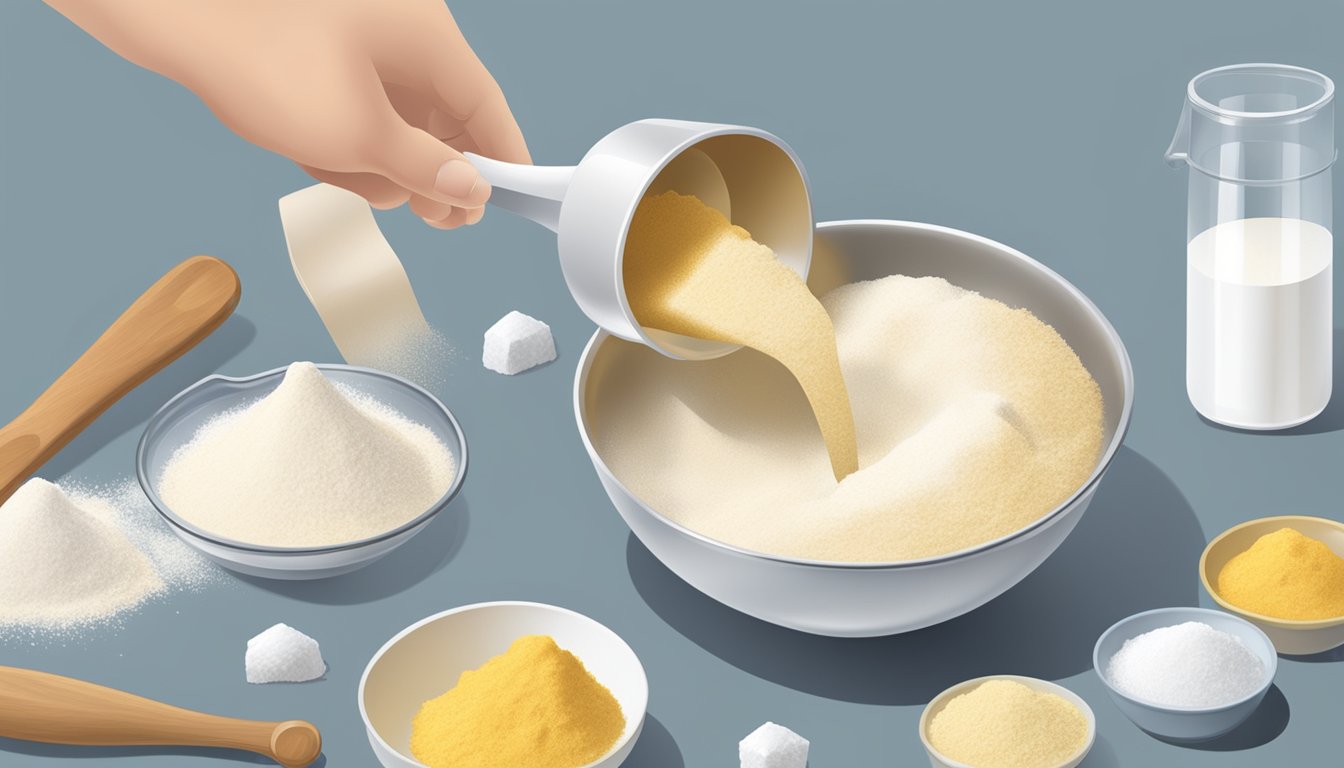 A hand-held measuring cup scooping up flour from a canister, with a measuring spoon pouring sugar into a mixing bowl