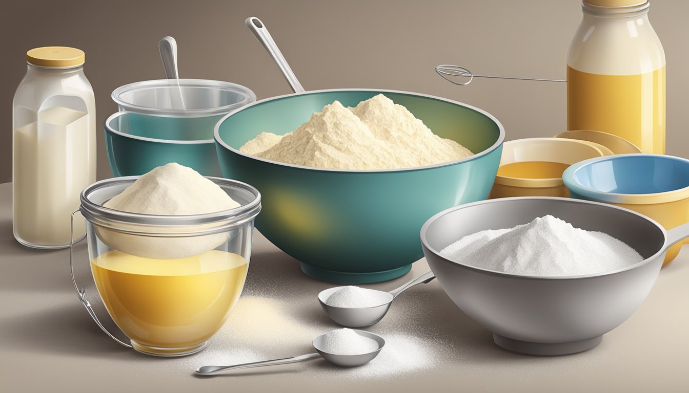 A table with bowls of flour, sugar, and butter, along with measuring cups and spoons. A mixing bowl and a whisk are also present