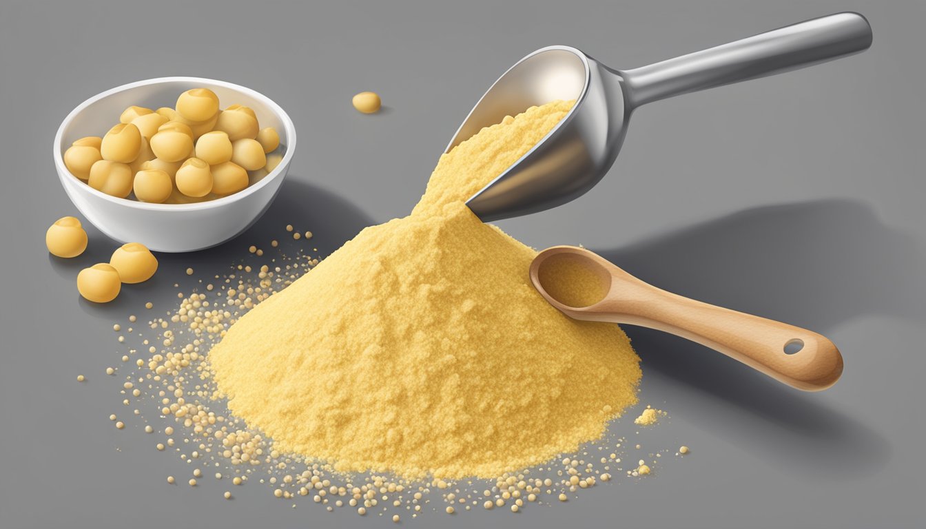 A pound of chickpea flour pouring into a measuring spoon, with additional spoonfuls nearby