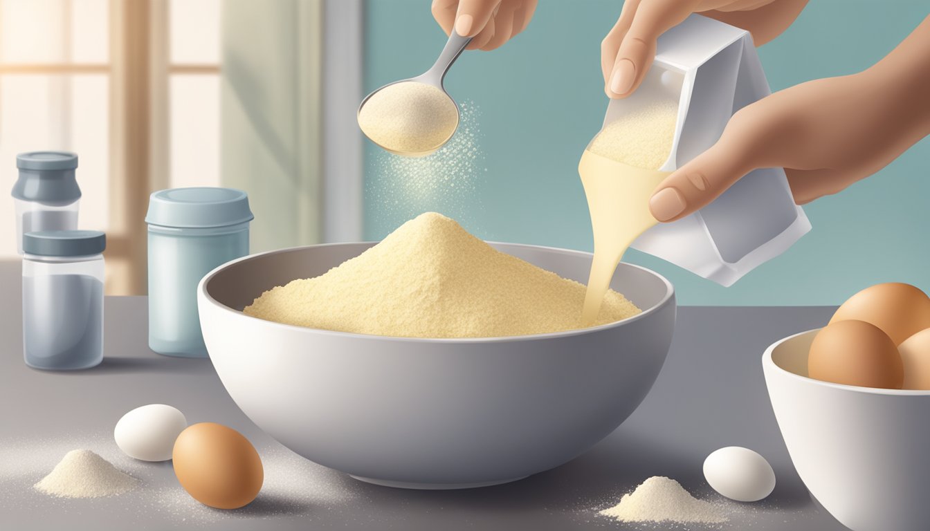 A hand pouring flour from a measuring cup into a mixing bowl, with a bag of sugar and a carton of eggs nearby