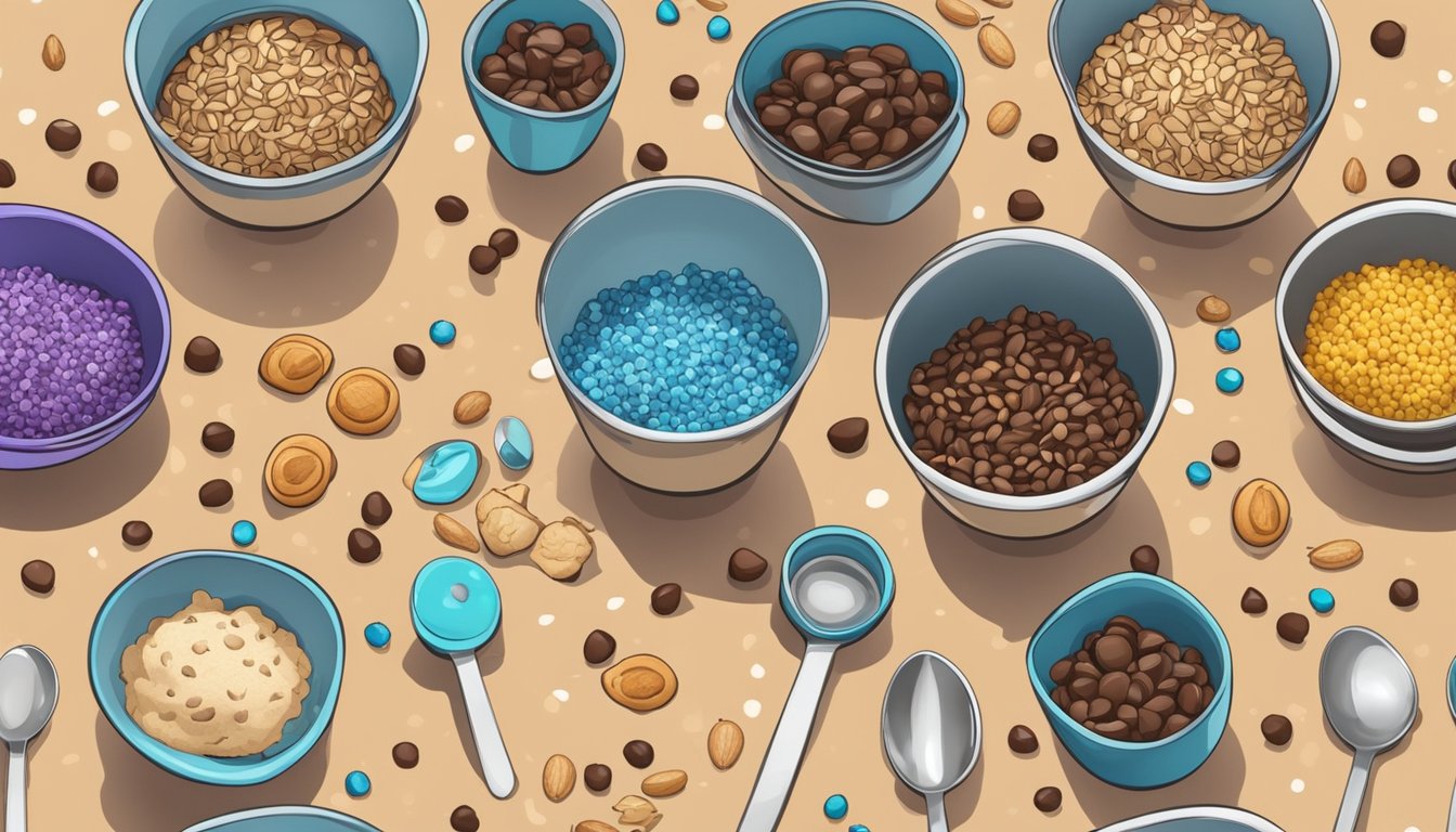 A set of measuring cups and spoons arranged neatly on a wooden countertop, surrounded by bowls of various cookie toppings such as chocolate chips, sprinkles, and chopped nuts