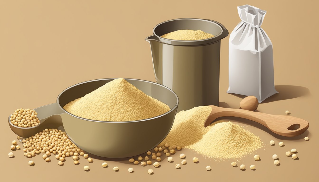 A measuring cup filled with chickpea flour, surrounded by scattered chickpeas and a bag of flour