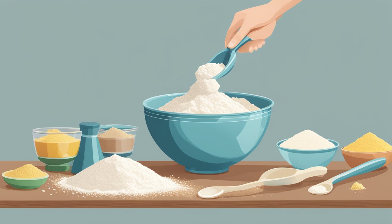 A hand pouring flour from a measuring cup into a mixing bowl, with a spoon and other ingredients nearby