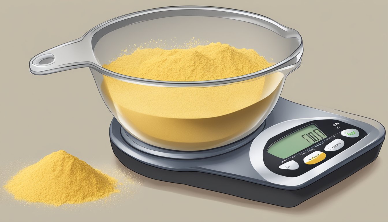 A pound of chickpea flour spills from a measuring cup onto a kitchen scale, showing the equivalent in tablespoons