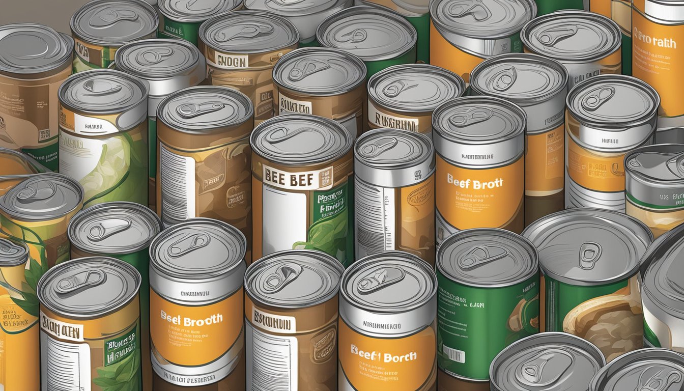 A can of beef broth sits on a kitchen counter, surrounded by various other cans of different sizes. The label on the can indicates its size in ounces