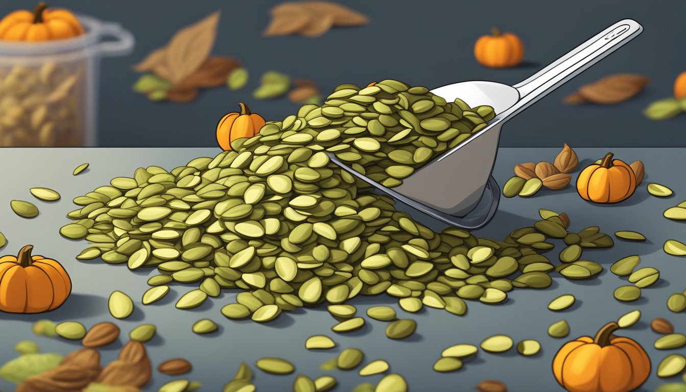 A pile of pumpkin seeds spilling out of a measuring cup, with a scale in the background showing one pound