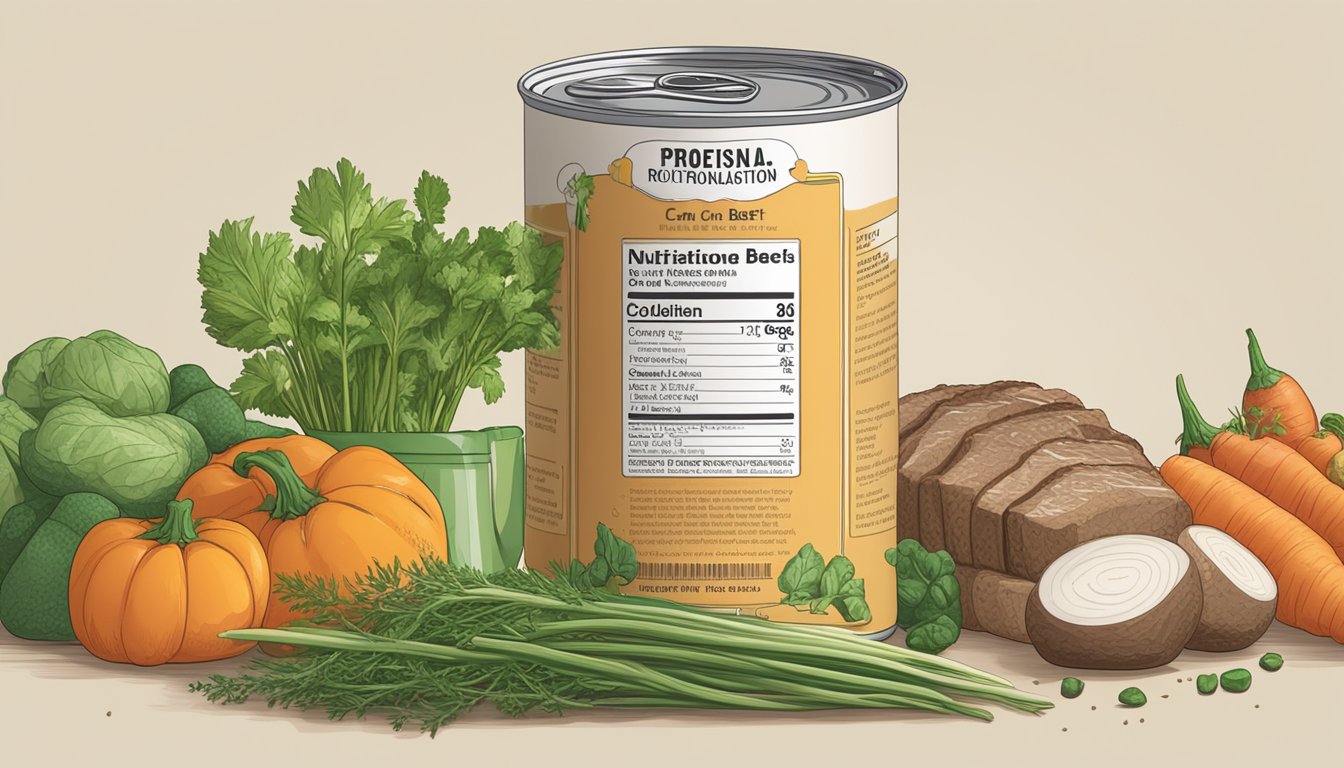 A can of beef broth sits on a kitchen counter, surrounded by fresh herbs and vegetables. The label prominently displays the nutritional information and benefits of the broth