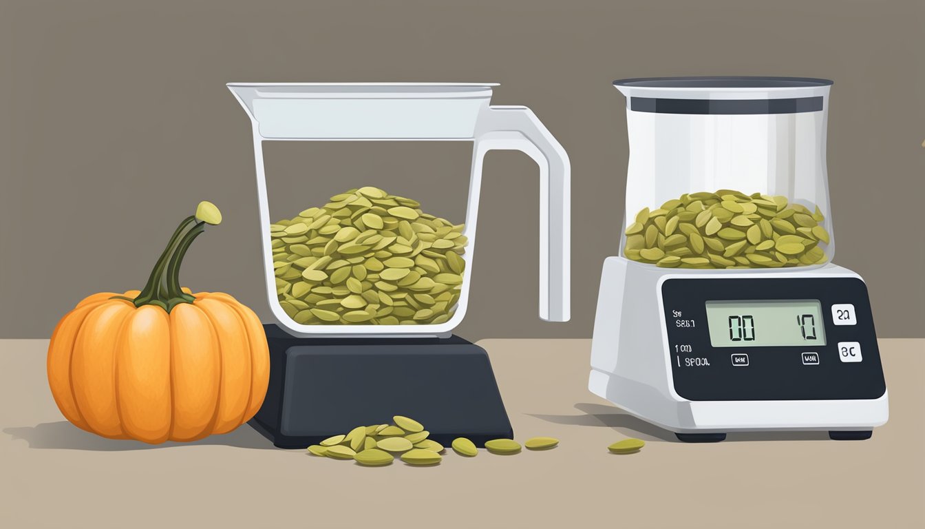 A measuring cup filled with pumpkin seeds next to a scale displaying one pound