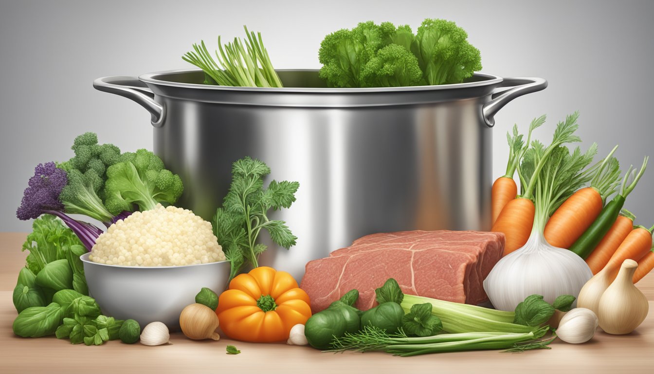 A can of beef broth pouring into a pot surrounded by various fresh vegetables and herbs on a kitchen counter