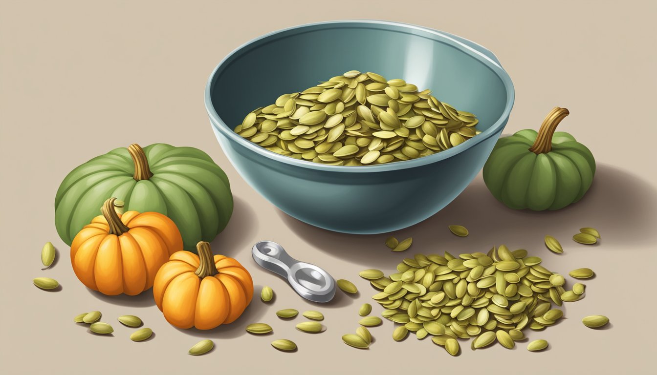 A pile of pumpkin seeds spills out of a measuring cup, while a pound weight sits next to it