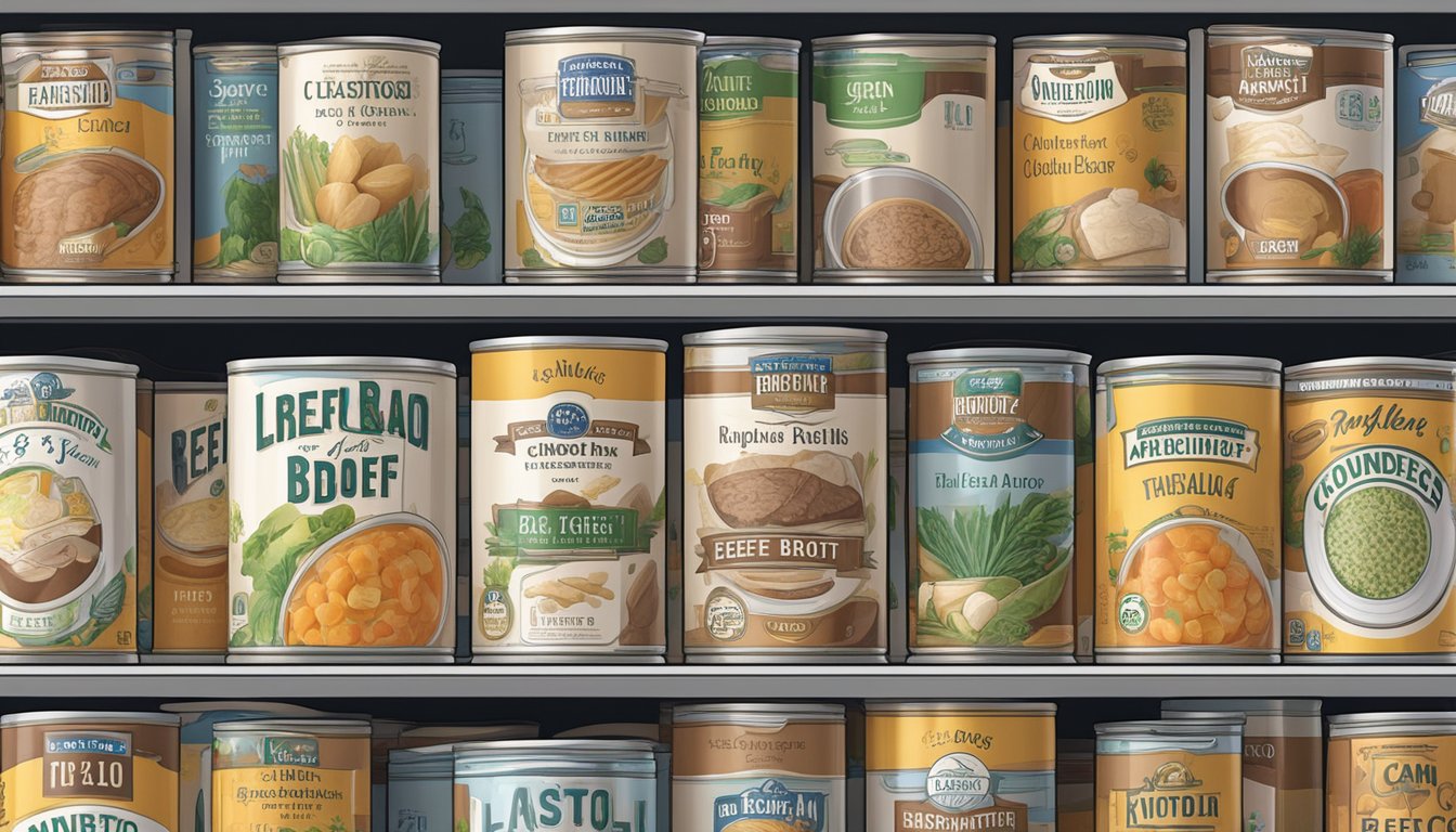 A can of beef broth sits on a shelf, surrounded by other canned goods. The label indicates the number of ounces contained within