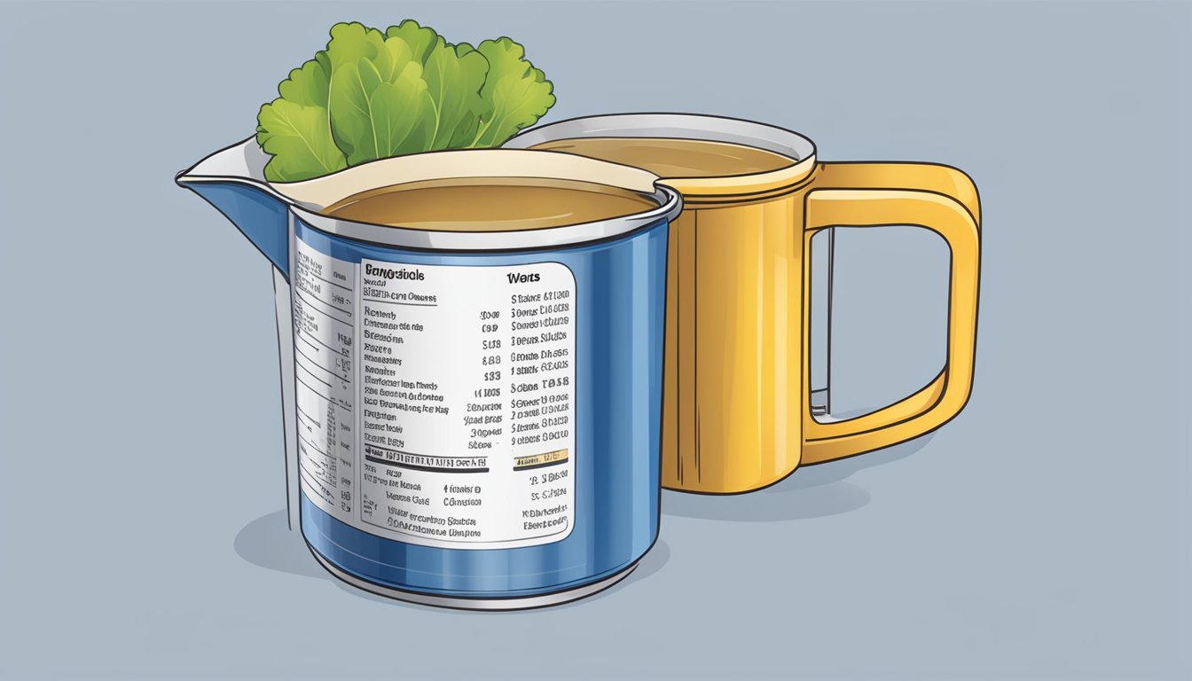 A can of vegetable broth pouring into a measuring cup, showing 14.5 ounces