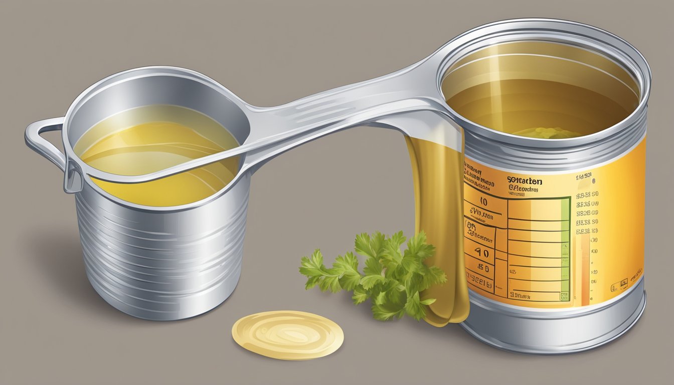 A can of vegetable broth pouring into a measuring cup, with the measurement markings clearly visible