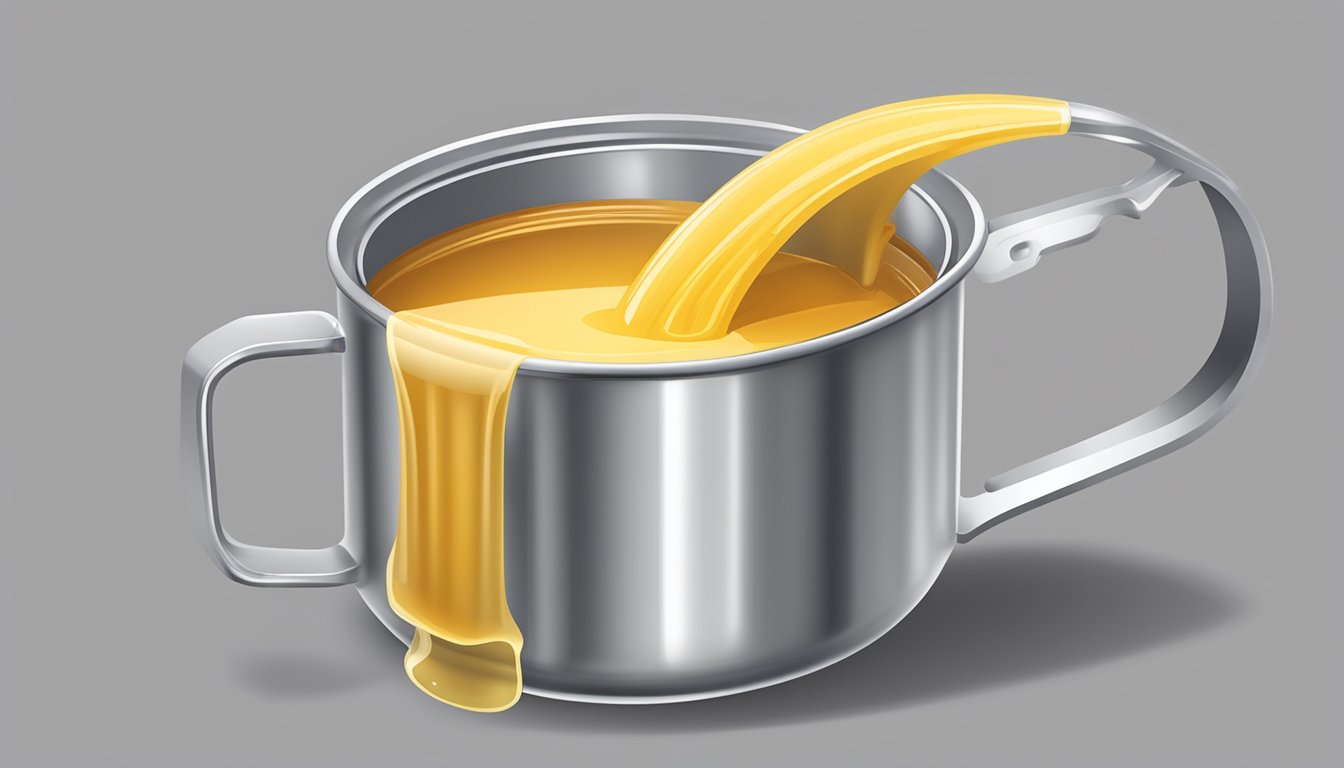 A can of vegetable broth pouring into a measuring cup, showing 14.5 ounces